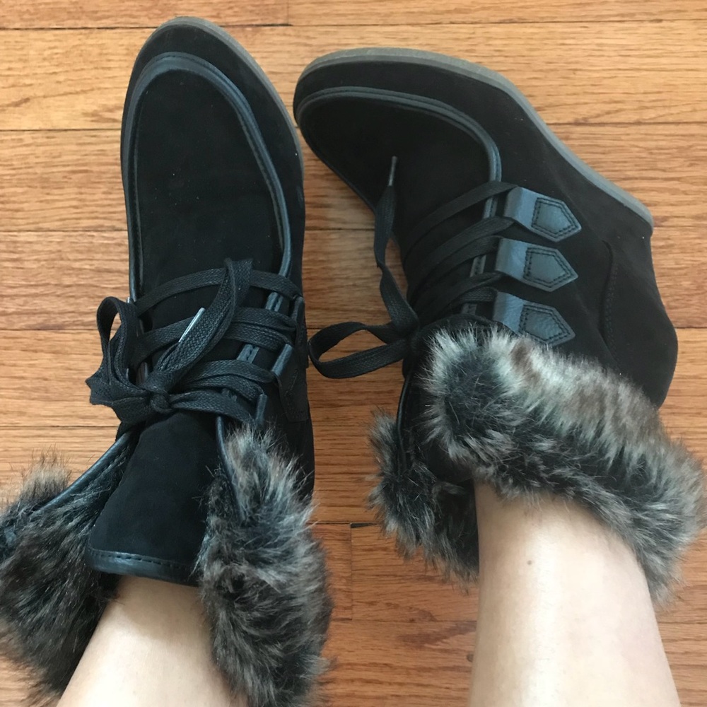Wedge faux suede and fur bootie